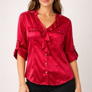 White House Black Market Red Silk Ruffled Blouse NWT